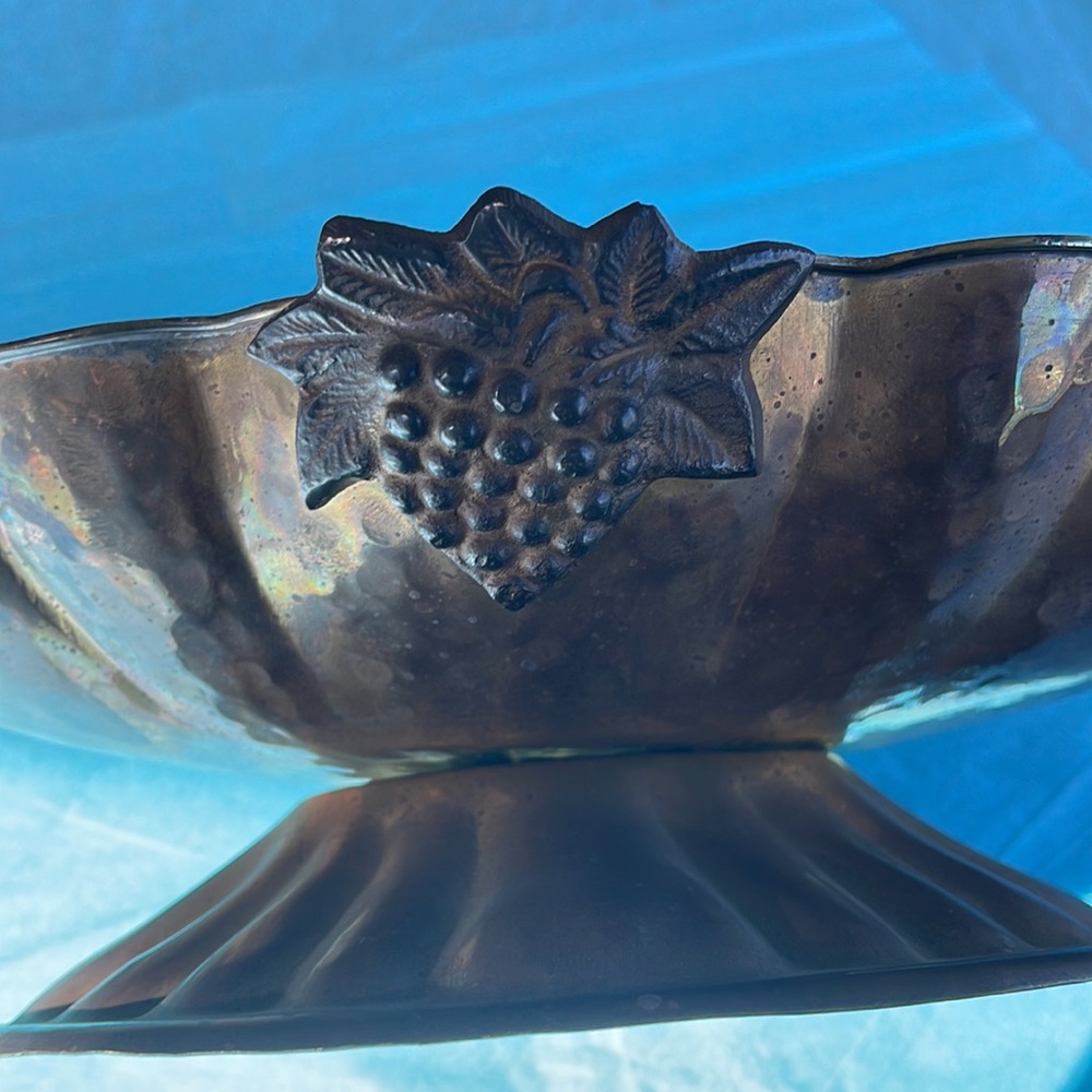 VTG Metal Pedestal Bowl Grape Motif Decorative Centerpiece